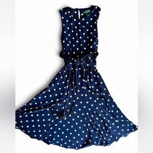 Ralph Lauren Navy and White Polka Dot Tie-Waist Dress